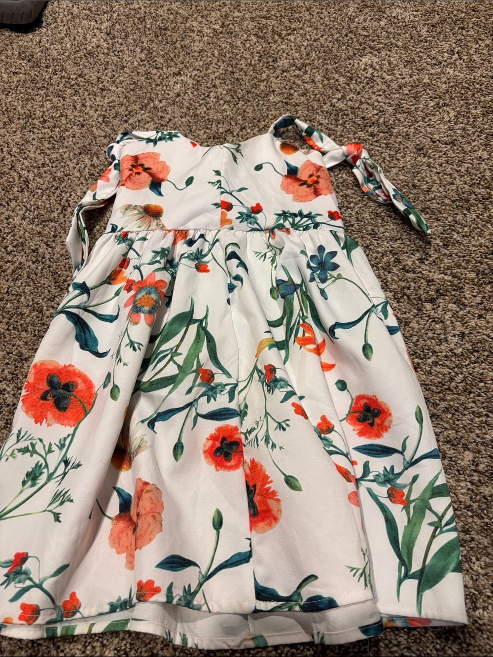 Girls White Floral Tie-Shoulder Dress with Orange Poppy Print